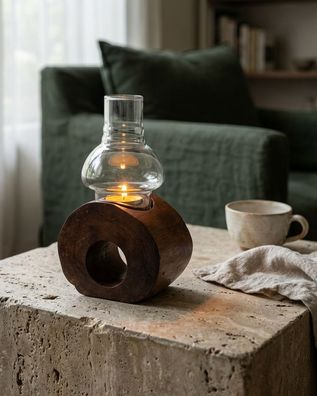 Windlicht Holz - Teakholz-Block mit Durchsicht und Glasballon, ca. 20 × 15 × 15 cm