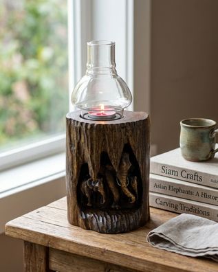 Holz Windlicht mit Elefanten - Teakholz mit Elefanten-Relief und Glaskuppel Teak Deko