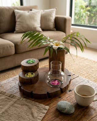 Wurzelholz Windlicht mit Vase - Teak-Platte mit 3 Kerzen, Glaskuppel und Vase, ca