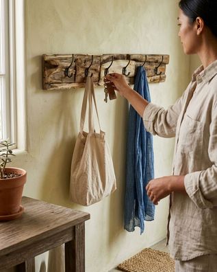 Wurzelholz Baumstamm Garderobe - Wandgarderobe mit 6 Haken Holz Garderobenleiste