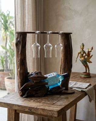 Flaschenregal aus Holz Teak - Wurzelholz mit Glashalter Thailand Weinregal Massivholz