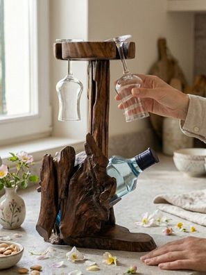 Teak Holz Flaschenregal - Wurzelholz mit Glas-Halter Flaschenhalter Gläsern Baumstamm