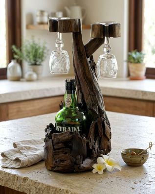 Teak Wurzelholz Flaschenständer - Flaschenhalter mit 2 Glas-Aufnahmen Holz Gläsern