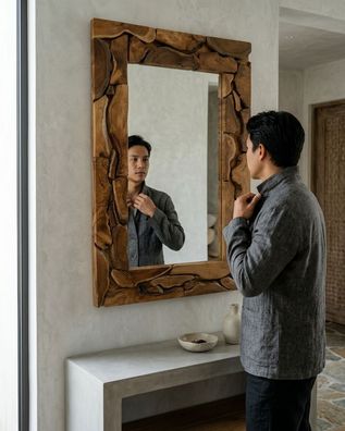Teak Altholz Spiegel HAI PHONG Wandspiegel Massivholz Rustikal Teakholz
