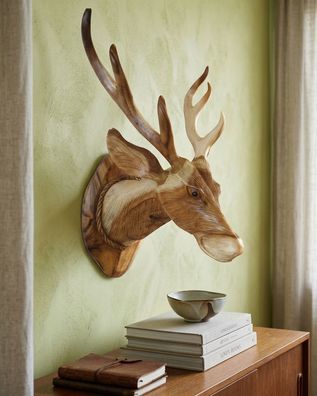 Wand Skulptur Hirsch Hirschkopf Holz Geweih Deko Trophäe Wanddeko Geschnitzter