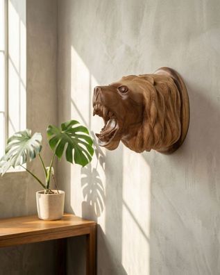 Holz Wand Trophäe Löwe - handgeschnitzter Löwenkopf aus Suar Wanddeko Tierkopf Deko