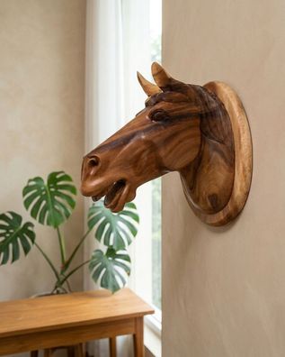 Holz Wand Trophäe Pferd - handgeschnitzter Pferdekopf aus Suar Wanddeko Tierkopf Deko