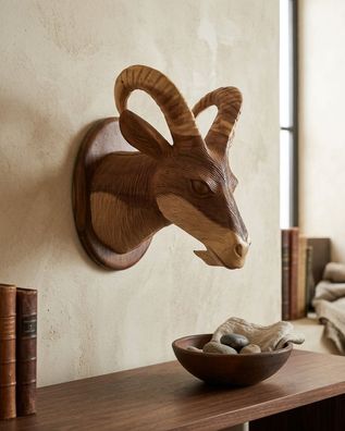 Holz Wand Trophäe Ziegenbock - geschnitzter Bock-Kopf aus Suar Ziege Wanddeko Deko