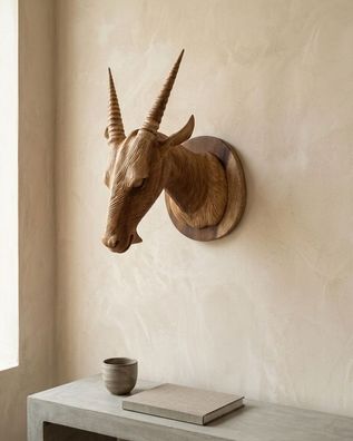 Holz Wand Trophäe Antilope - geschnitzter Antilopenkopf aus Suar Wanddeko Tierkopf