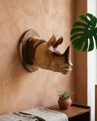 Holz Wand Trophäe Nashorn - geschnitzter Nashornkopf aus Suar Wanddeko Tierkopf Deko