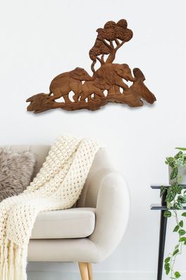 Elefanten Wandbild Schnitzerei - Teak Holz Relief Elefant Wandrelief Thai Wanddeko