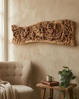 Ramayana Wandbild Teak - handgeschnitzte Schlachtszene Thailand Holz Geschnitzt Thai