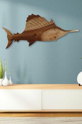 Suar Holz Schwertfisch - Wanddeko, handgeschnitzt Holzfisch Wand Maritime Holzdeko