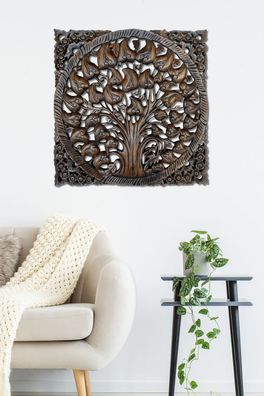 Holz Schnitzerei Wandbild Bodhi Baum - quadratisch, Suar Massivholz Wandpaneel Wand