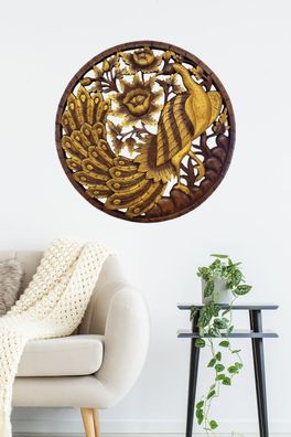 Holz Schnitzerei Wandbild Pfau - rund, Suar Massivholz Wanddeko Rundes Gold Akzente