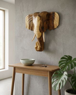 Holz Elefanten Kopf CHANG YAI - handgeschnitzte Wanddeko, Akazie Elefant Wand Deko