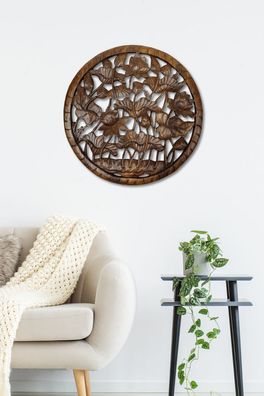 Suar Holz Schnitzerei Lotus - rundes Wandbild, handgeschnitzt Rund Geschnitzt Deko