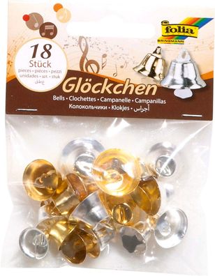 folia 12720 - Glöckchen, 18 Stück in gold & silber, sortiert in 3 Größen, mit Aufhang
