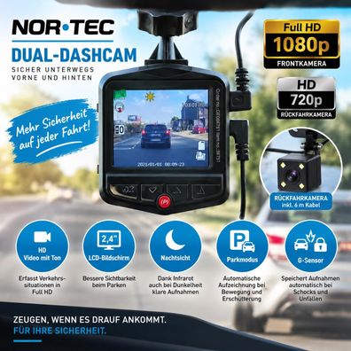 Nor-Tec Dual Dashcam 1080p mit Rückkamera, Nachtsicht & Parkmodus