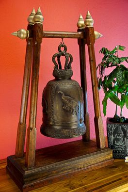 XXL Tempelglocke mit Stativ - Bronze Thailand 71cm Thai Glocke Buddhistische Deko