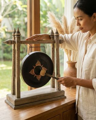 Tempel Gong XL Bronze - Asiatischer Gong mit Schlegel, Thailand Handarbeit Tempelgong