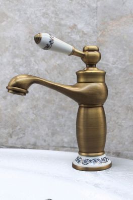 Retro Wasserhahn Bangkok - Messing mit Porzellan, 20 cm Armatur Antik Blau Weiss Asia