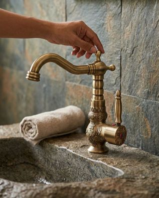 Retro Wasserhahn Sukhothai - Messing-Antik, ca. 22 cm Vintage Bad Armatur Asia