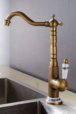 Retro Wasserhahn CA MAU - Messing + Porzellan, ca. 33 cm Vintage Antik Bad Asia 360