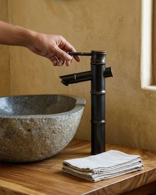Retro Wasserhahn DONG HA - schwarze Mischbatterie im Bambus-Look Vintage Antik Bad