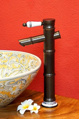 Retro Wasserhahn HUE - Bambus + Porzellan, ca. 31 cm Vintage Antik Armatur Messing