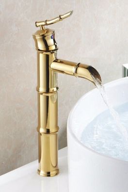 Messing Retro Bambus Armatur Gold - poliert, ca. 34 cm Wasserhahn Vintage Antik Asia