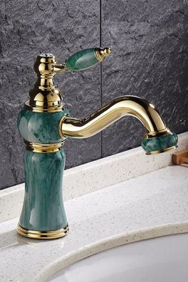 Messing Retro Armatur grüner Marmor - Einhebel, ca. 24 cm Wasserhahn Vintage Antik
