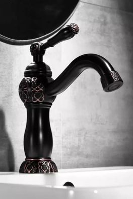Retro Wasserhahn NHON - schwarz + Kupfer, ca. 23 cm Vintage Antik Bad Schwarzer