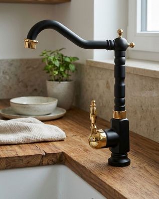 Armatur Schwarz-Gold - Messing-Mischbatterie mattschwarz mit Goldakzenten Wasserhahn