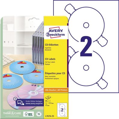 AVERY Zweckform L7676-25 CD-Etiketten SuperSize, weiß, matt