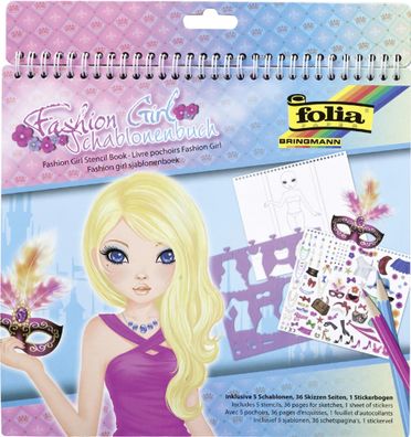 folia - 41204 Fashion Girl Schablonenbuch inkl. 5 Schablonen, 36 Skizzen Seiten, 1 St