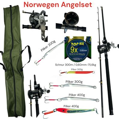 Norwegen Angelset Komplettset 210cm Rute Bootsrute Rolle Pilker Schnur Tasche
