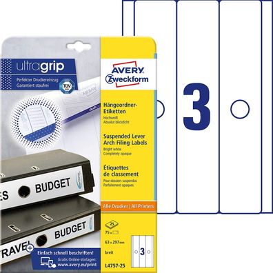 AVERY Zweckform L4757-25 Hängeordner-Etiketten (mit ultragrip, 63 x 297 mm auf DIN A4