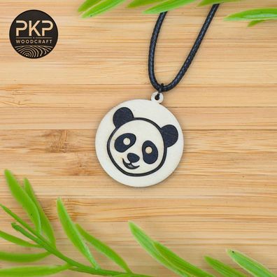 Halskette mit Anhänger aus Holz handgefertigt "Panda" - Multi Layer Design