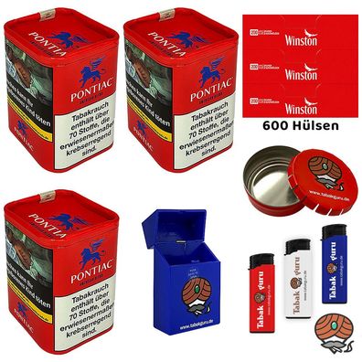 Pontiac American Blend Tabak Dose 3x 120g, Winston Hülsen, Ascher Feuerzeuge Box