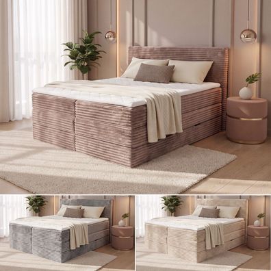 Mollo XL Boxspringbett mit Stauraum, 2 Bettkästen und Topper, Bonellkern