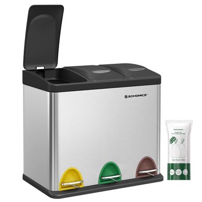 Songmics Mülleimer Küche Treteimer 3 Fächer 3 x 8 Liter Stahl silbern