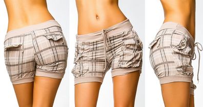 SeXy Miss Damen Girly KaRo Shorts Pump Hose kurz Hotpants Pants beige XS S 34 32