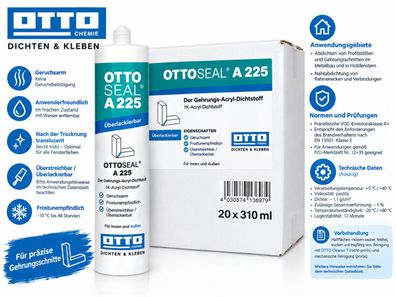20x Ottoseal A 225 Gehrungs-Acryl 310 ml Fugenmasse Fensterbau Metallbau Profilstöße