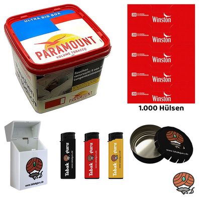 Paramount Volumentabak Ultra Big Box 530g, Winston Hülsen, Ascher Feuerzeuge Box