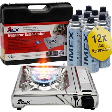 IMEX JY550A-1 Butan Gaskocher 2200 W mit Koffer + 12 Gaskartuschen