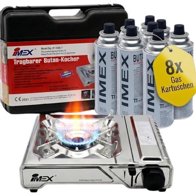 IMEX JY550A-1 Butan Gaskocher 2200 W mit Koffer + 8 Gaskartuschen