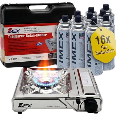 MEX JY550A-1 Butan Gaskocher 2200 W mit Koffer + 16 Gaskartuschen