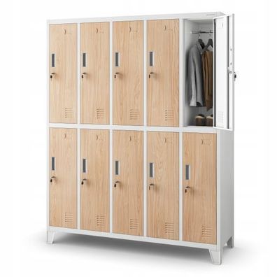 Umkleideschrank Spind Schließfachschrank Metallschrank 172x136x45 cm Weiß-Holzoptik