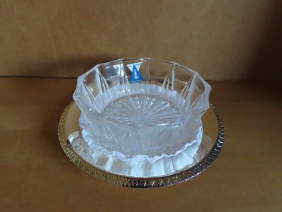 kleine Schale Glas Relief Bleikristall mit Untersetzer Metall silberfarben